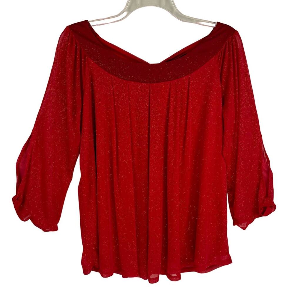 G COLLECTION | Red Sparkle Flowy Boat Neck Mesh Blouse Top | Women's‎ 1X